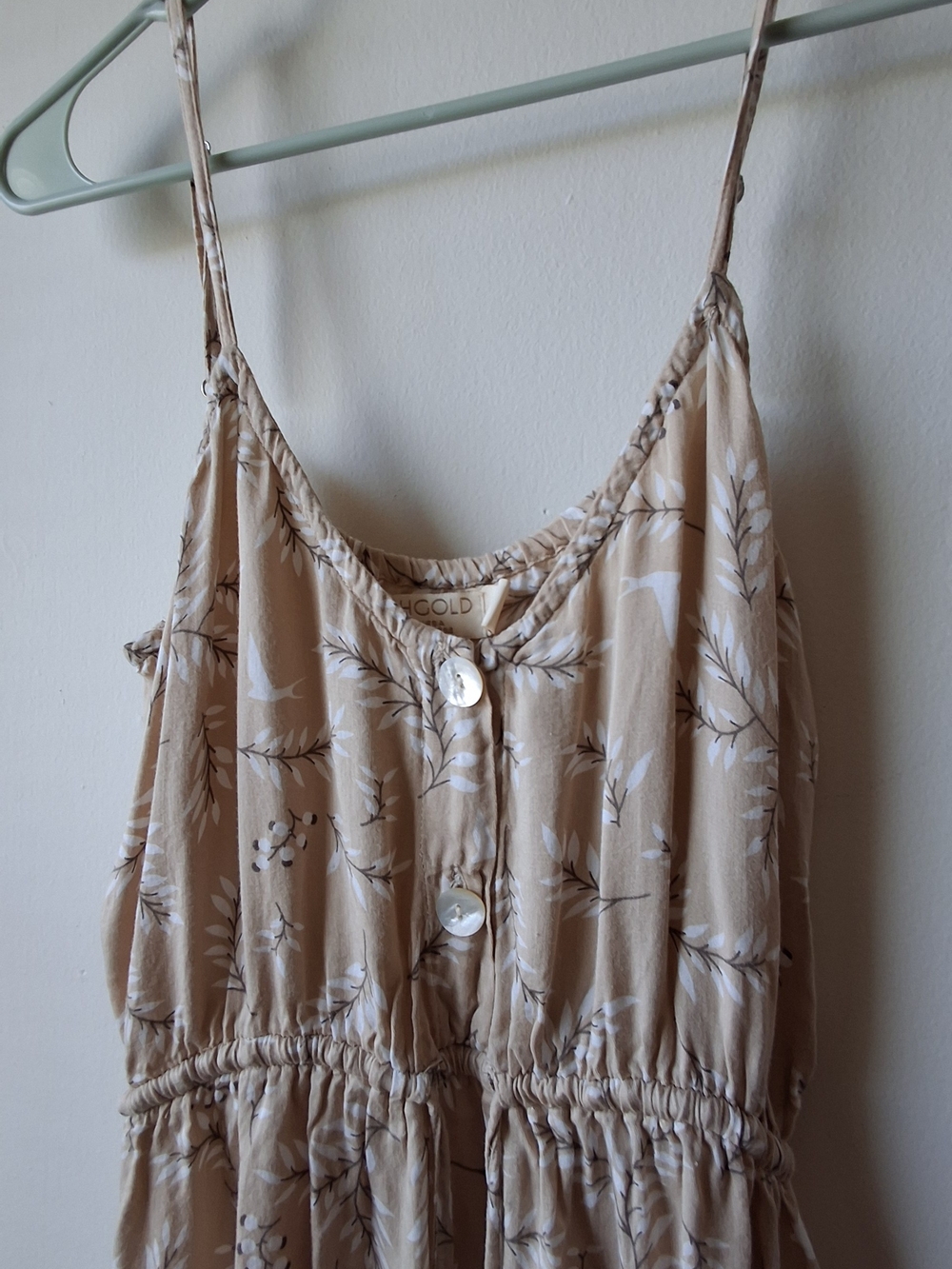 Beachgold Light Beige Floral/bird Button-Front Sundress